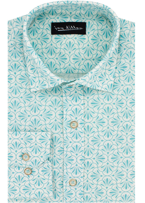 Geometric Print Cotton-Linen Shirt - Blue